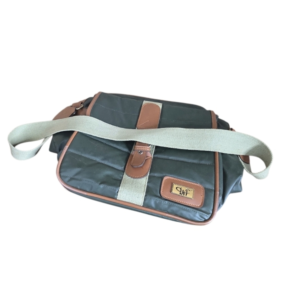 VTG Diane Von Furstenberg Green Tan Military Field Messenger Bag - Picture 5 of 12